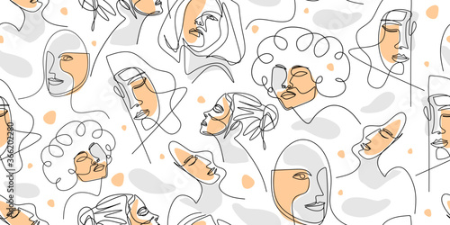 Seamless pattern of abstract woman face in minimalism style. Seamless background for textiles, fabrics, covers, wallpapers, print, gift wrapping