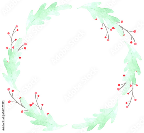 Christmas watercolor wreath. Round frame. Perfect for printing, textile, web design, photo albums, scrapbooking, souvenirs and many other creative ideas. © Irina