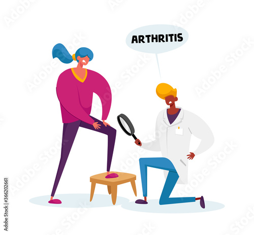 Doctor Arthrologist Character with Magnifying Glass Watch on Patient Arthritis Knee. Patellar Joint Disease, Healthcare