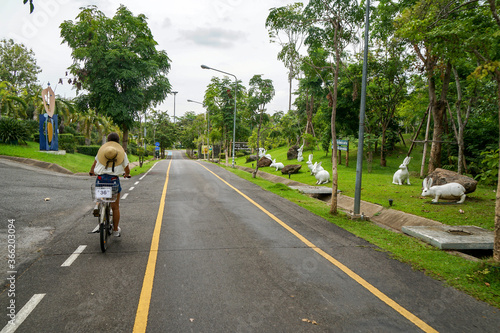 a tourist riding a bicycle in the park in Chiang Mai, Thailand, street of Royal Flora Rajapruek park 