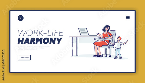 Landing page with busy mother freelancer working from home with small kid