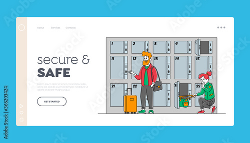 Travelers with Bags Use Luggage Storage Landing Page Template. Characters Put Bags into Lockers with Keys in Airport