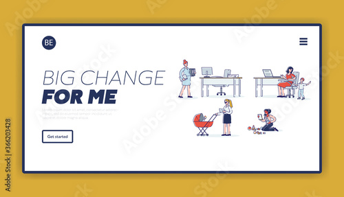 Women on maternity leave landing page design with young mothers working from home or with kids