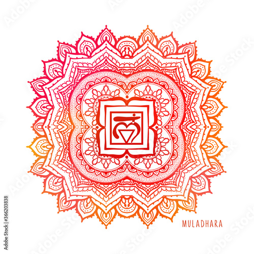 Chakras coloring vector illustration. Chakra symbol. Red Color. For logo yoga healing, meditation, kundalini.