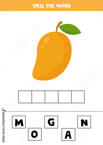 Spelling game for kids with cute cartoon mango.