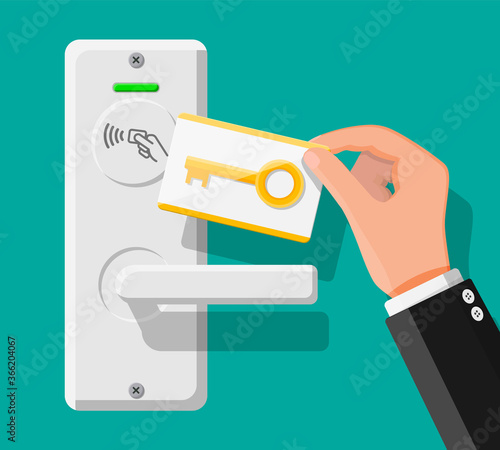 Wireless key card in human hand with guest room door handle sensor. Concept of access identification. Access control machine. Proximity card reader. Vector illustration in flat style