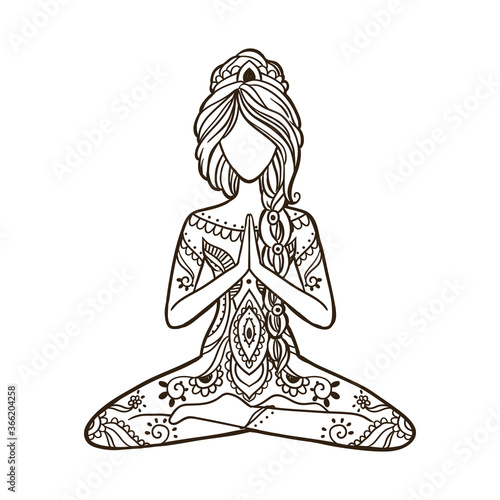 Yoga Girl. Stay home and do yoga concept.Ornamental Vector illustration.