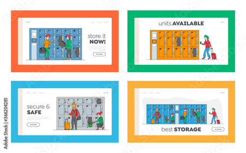 Characters Use Luggage Storage Service Landing Page Template Set. People Put Bags in Locker in Airport or Supermarket