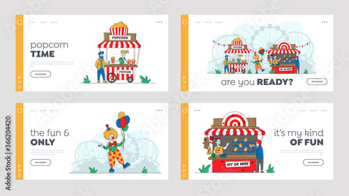 Characters Visit Amusement Park Landing Page Template Set. People Eating Out and Relax in Public Place, Outdoors Leisure