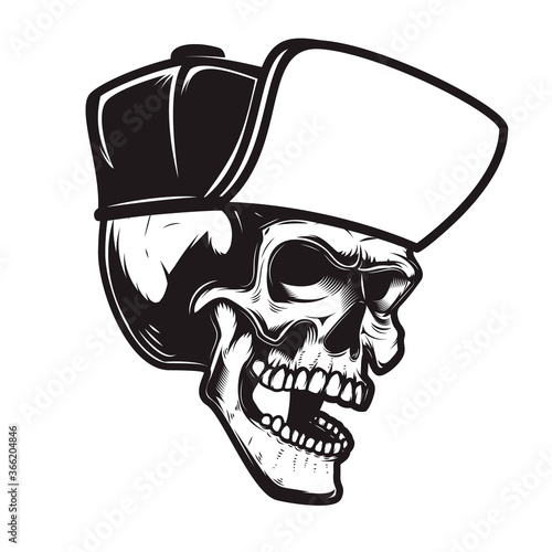 Illustration of bearded skull in baseball cap in engraving style. Design element for logo, emblem, sign, poster, card, banner. Vector illustration