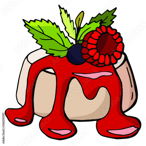Italian traditional dessert Panna Cotta. White background, isolator. Cartoon style. Stock illustration.