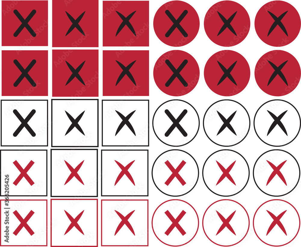 A set of simple icons: a black and red cross of different shapes in a circle and a square, on a white and red background. Negative sign, wrong choice, vote, isolated on white background. A set of simple icons: a black and red cross of different shapes in a circle and a square, on a white and red background. Negative sign, wrong choice, vote, isolated on white background.