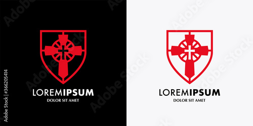 Cross and shield logo template. Christian brand design. Faith symbol. Religion icon. Vector illustration.