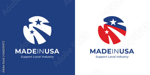 Made in USA logo template design. American brand emblem. United States of America abstract round flag stamp icon. Vector illustration.