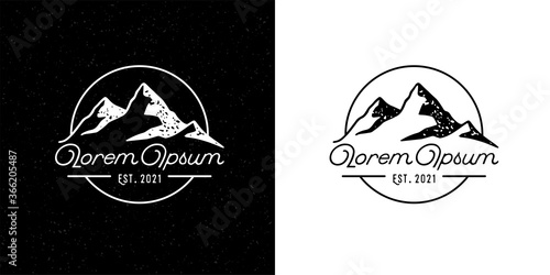 Mountain peak adventure logo template design. Outdoor hiking brand emblem. Vintage wilderness badge icon. Vector illustration.