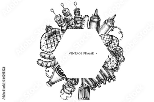 Frames with black and white spatula, Pork ribs, kebab, sausages, steak, sauce bottles, grilled burger patties, grilled tomato, grilled salmon steak, grilled bell pepper