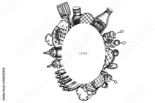 Frames with black and white spatula, Pork ribs, kebab, sausages, steak, sauce bottles, grilled burger patties, grilled tomato, grilled salmon steak, grilled bell pepper