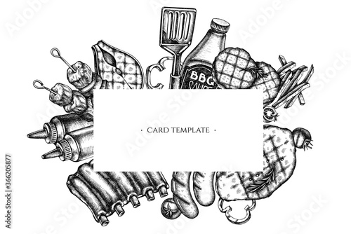 Frames with black and white spatula, Pork ribs, kebab, sausages, steak, sauce bottles, grilled burger patties, grilled tomato, grilled salmon steak, grilled bell pepper