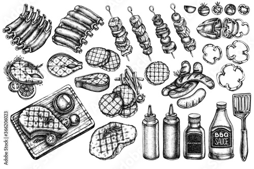 Vector set of hand drawn black and white spatula, Pork ribs, kebab, sausages, steak, sauce bottles, grilled burger patties, grilled tomato, grilled salmon steak, grilled bell pepper