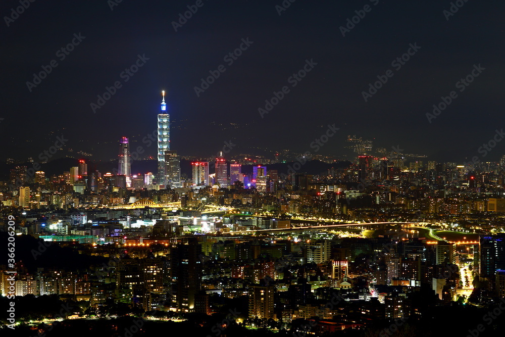 The modern city of Taipei, buildings cityscape at night view the capital of Taiwan.