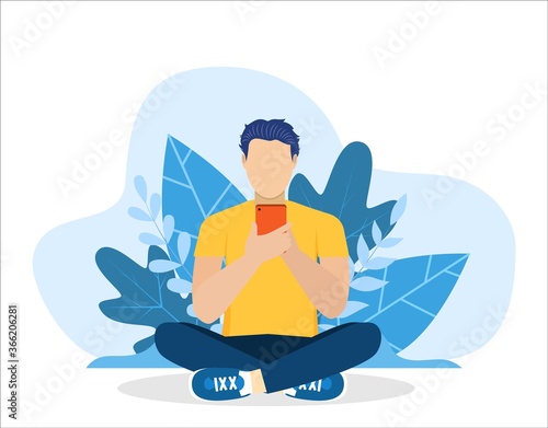 man using phone  sitting legs crossed. man running remotely on freelance  job on smartphone  communicates through social networks. Vector illustration in flat style