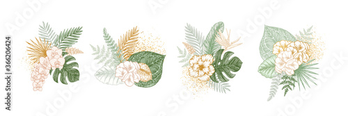 Exotic tropical flower collection. Wedding invitation elements. Paradise green and gold leaves and flowes. Vector illustration