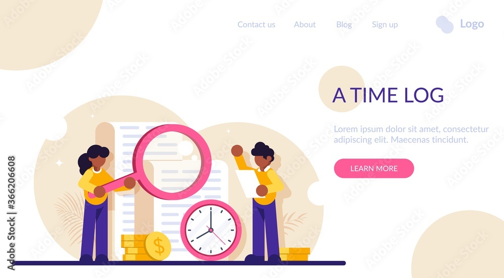 Concept of time log. Man and woman with magnifying glass standing near report, clock and stack coin. Modern flat illustration. Concept of time log. Man and woman with magnifying glass standing near report, clock and stack coin. Modern flat illustration.