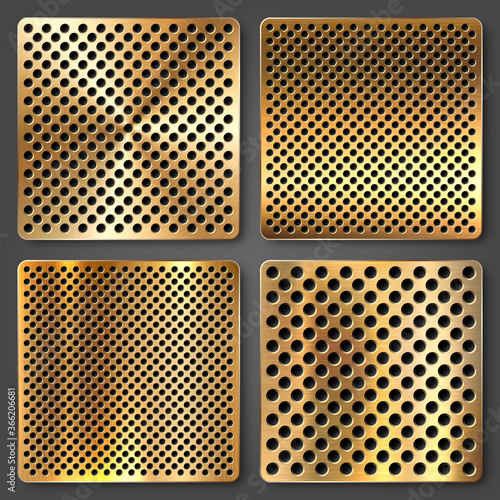 Realistic perforated brushed metal textures set. Polished stainless steel background. Vector illustration.