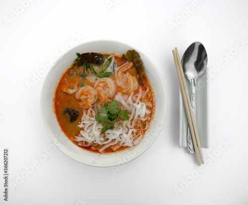 Tom yum with shrimp and rice noodles and rice