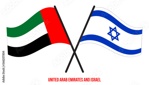 United Arab Emirates and Israel Flags Crossed And Waving Flat Style. Official Proportion.