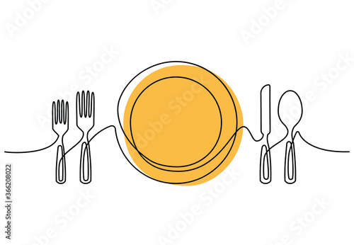 Continuous one line drawing plate forks spoon and knife. Hand drawn dinnerware set with bright spot for logo. Minimalistic design isolated on white background. Vector illustration