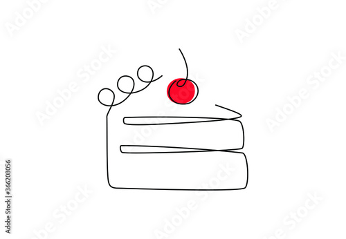 One line cake with red cherry. Hand drawn piece of cake and cherry in modern style for logo. Minimalistic poster. Vector illustration