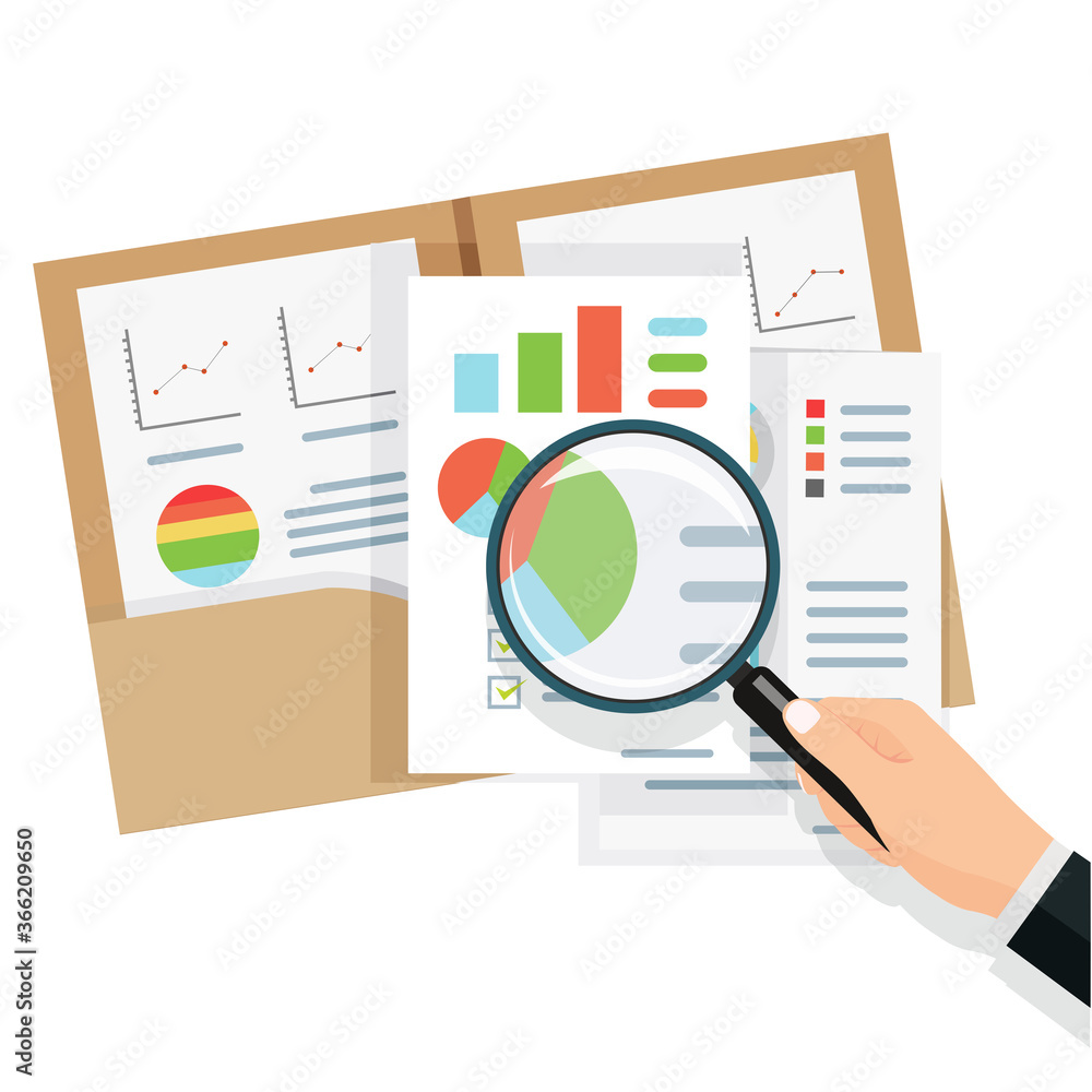 Auditor at table during examination of financial report. Business adviser financial audit, auditing tax process, big data analysis, seo analytics, financial research report, Vector illustration flat d Auditor at table during examination of financial report. Business adviser financial audit, auditing tax process, big data analysis, seo analytics, financial research report, Vector illustration flat d