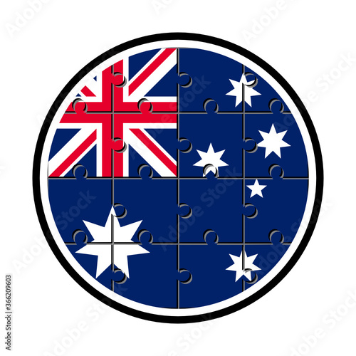 round icon with australia flag made with jigsaw puzzle pieces, isolated on white background
