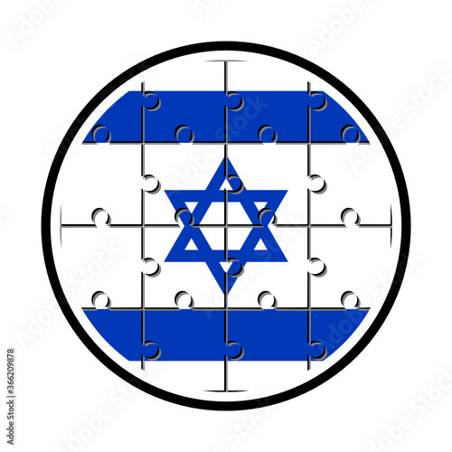 round icon with israel flag made with jigsaw puzzle pieces, isolated on white background
