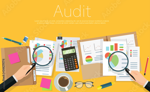 Auditor at table during examination of financial report. Business adviser financial audit, auditing tax process, big data analysis, seo analytics, financial research report, Vector illustration flat d