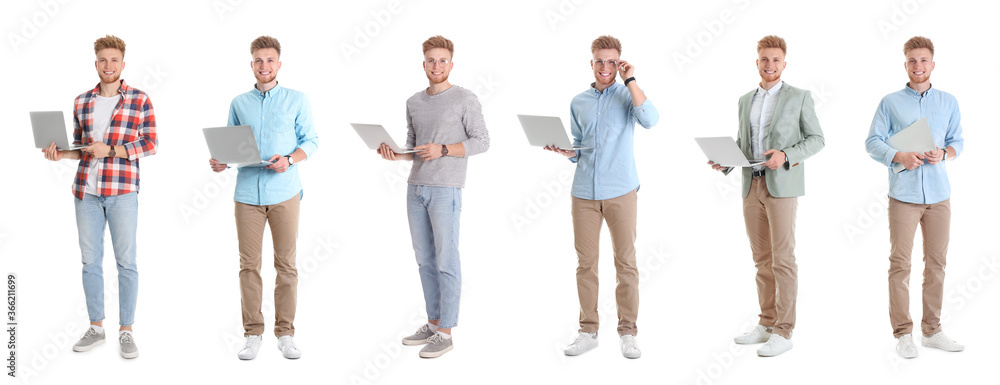 Obraz premium Collage of young men with laptops on white background. Banner design