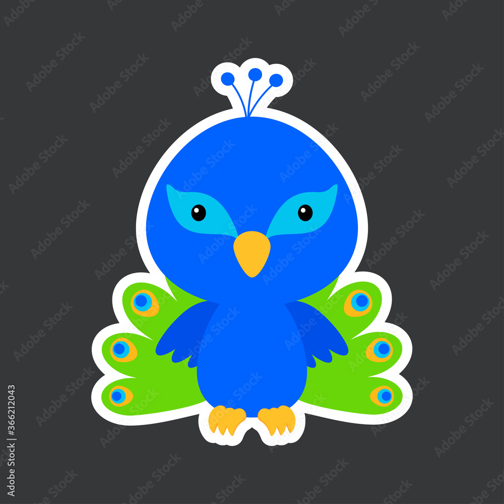 Obraz premium Cute funny baby peacock sticker. Adorable bird character for design of album, scrapbook, card, poster, invitation. Flat cartoon colorful vector stock illustration.