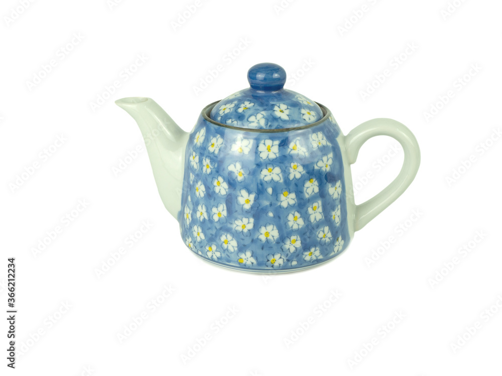 Obraz premium Light blue teapot with white flower pattern isolated on a white background. Asian food concept, space for text..
