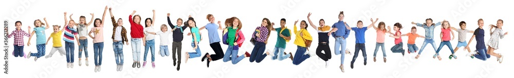 Collage with photos of jumping children on white background. Banner design Collage with photos of jumping children on white background. Banner design