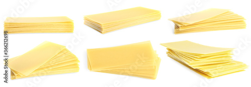 Set with stack of uncooked lasagna sheets on white background. Banner design