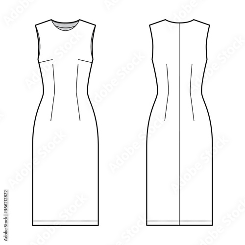 Sheath dress technical fashion illustration with fitted body, oval neck, sleeveless, pencil fullness, knee length. Flat apparel template front, back, white color. Women, men unisex CAD mockup