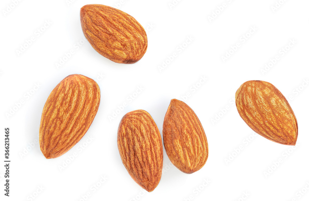 Almonds isolated on white background. Almond nuts close up. Top view. Flat lay Almonds isolated on white background. Almond nuts close up. Top view. Flat lay