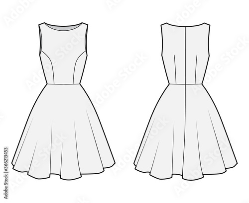 Dress technical fashion illustration with fitted body, boat neck, sleeveless, semi-circular fullness, knee length. Flat apparel template front, back, grey color. Women, men unisex CAD mockup