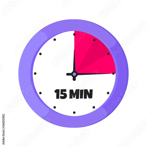 Fifteen minutes on analog clock face flat style design vector illustration icon sign isolated on white background. Analogue wall clock 15 minutes time management business concept.