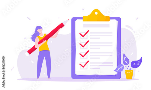 Task done business concept tiny person, pencil nearby giant clipboard complete checklist and check mark ticks flat style design vector illustration isolated on white background.