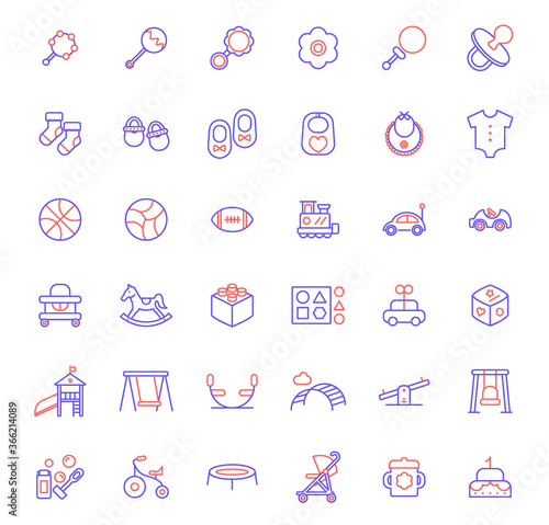 Set of baby and toy icons line style. It contains such Icons as rattle, socks, shoes, diaper, nappy, bib, ball, plaything, stroller, baby carriage and other elements.