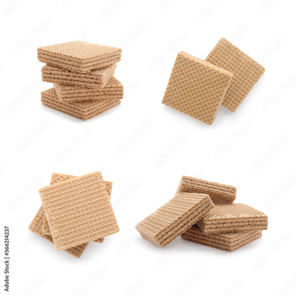Set of delicious crispy wafers on white background. Sweet food Set of delicious crispy wafers on white background. Sweet food