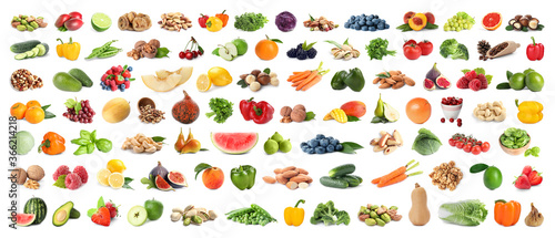 Set of fruits, vegetables. berries and nuts on white background. Banner design