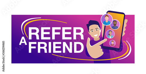 Refer a friend - banner for referral program - young man holding phone and shows to his friends (people icons, avatars) - vector illustration with bright purple background